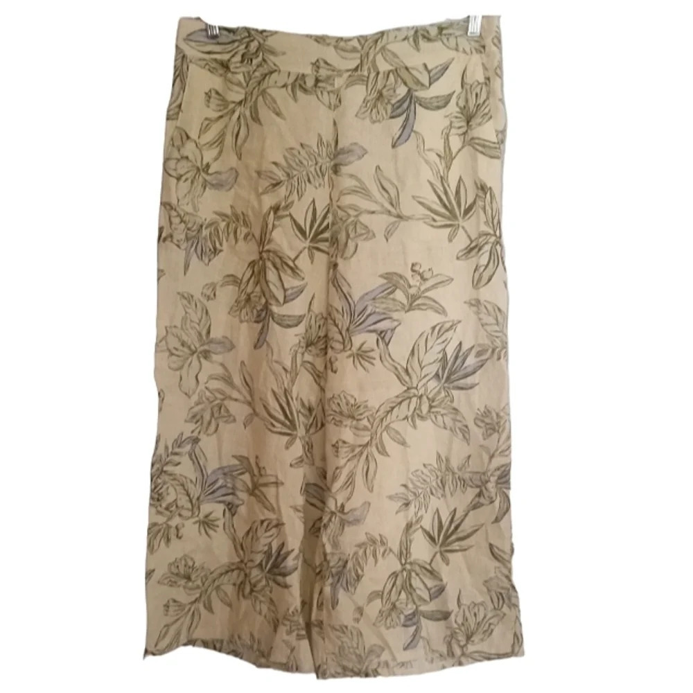 Tahari Floral Botanical Print Pull On Cropped Wide Leg 100% Linen Pants Size XL
